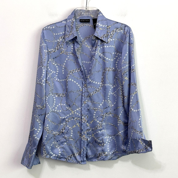 New York & Company Silk Blouse M V Neck Button Front Chains Pearls French Cuff - Picture 1 of 9
